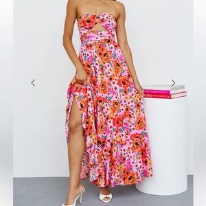 Strapless Pink Floral Maxi Dress with Cutout
